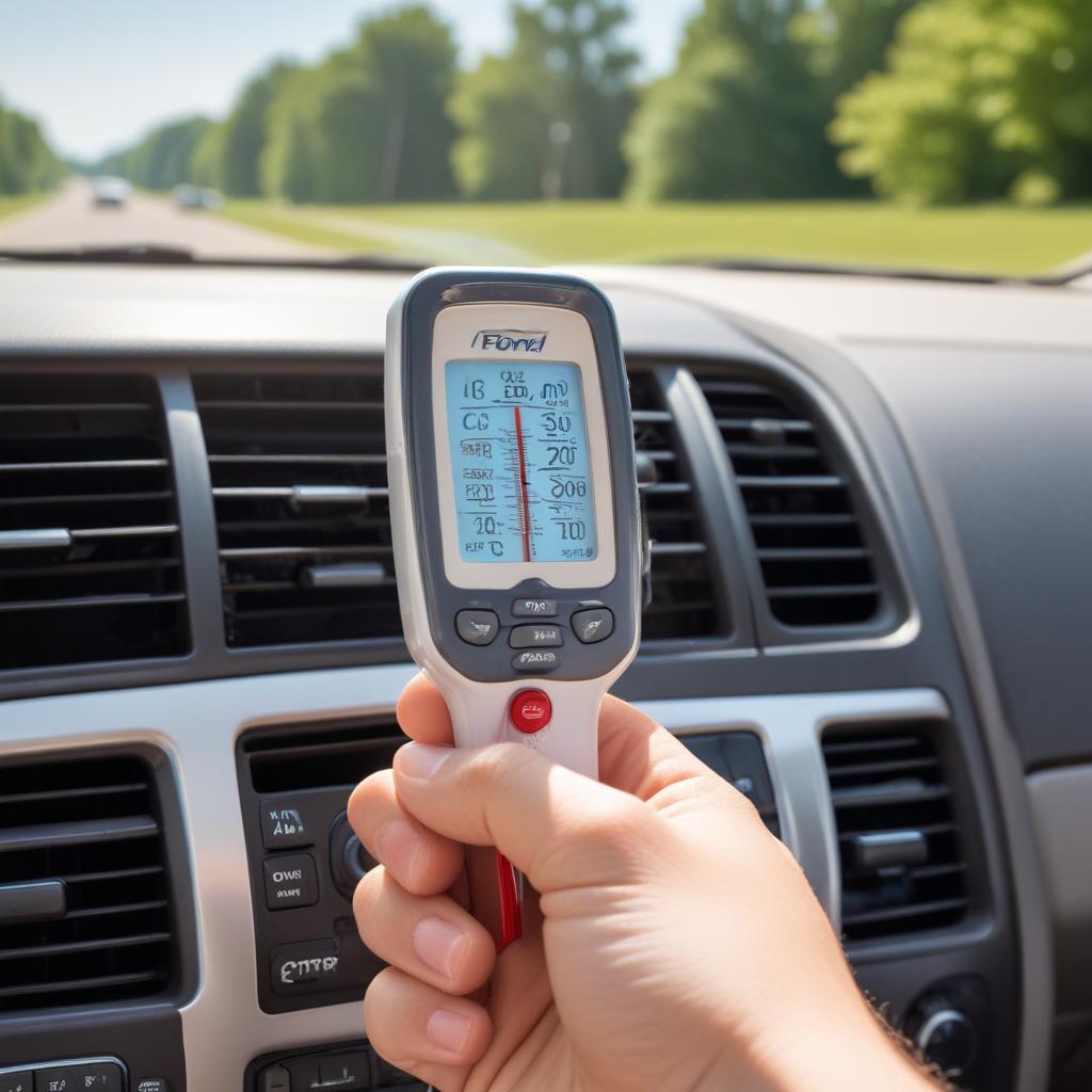Testing the air conditioning output in a Ford vehicle during summer