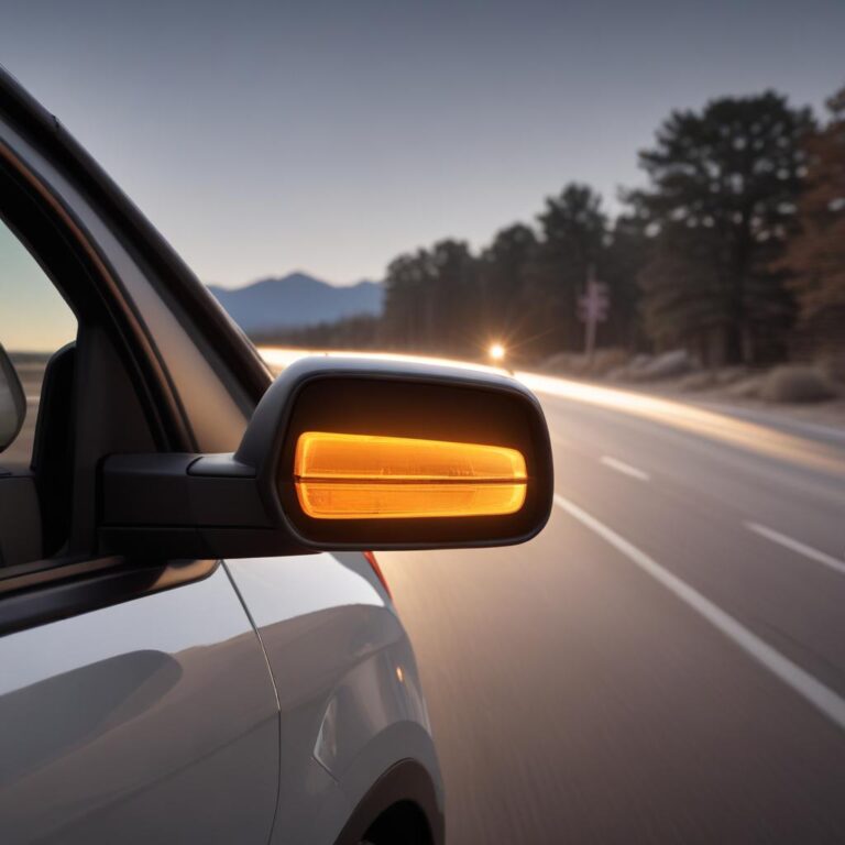 The BLIS blind spot indicator light on a Ford side mirror