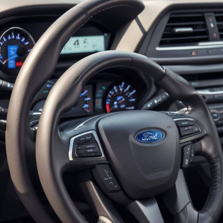 The cruise control button cluster on a Ford steering wheel
