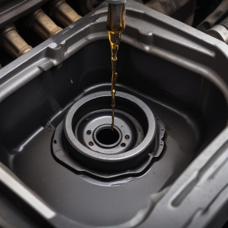 A Ford engine oil pan with a visible leak