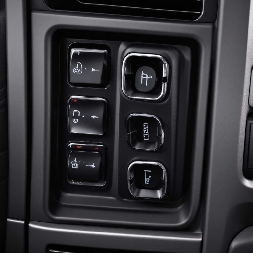 Power window control buttons on a modern Ford door armrest