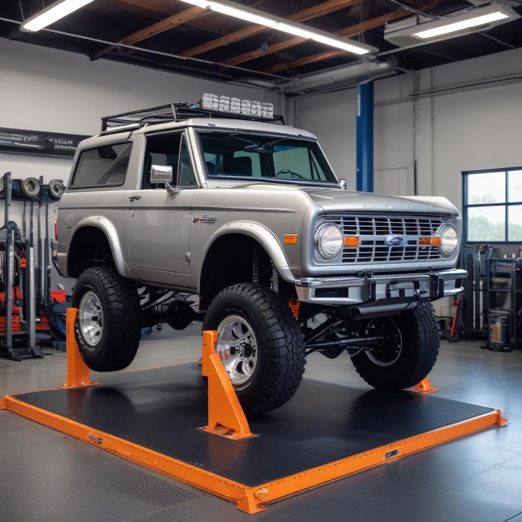 Inspecting the underbody and suspension of a leased Ford Bronco