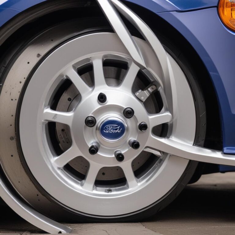 Brake system components visible through a Ford vehicle wheel