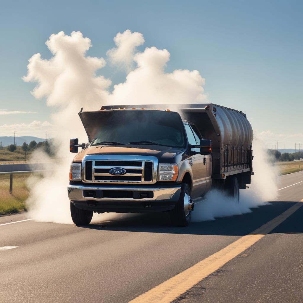 Ford engine overheating with steam visible from the front grille