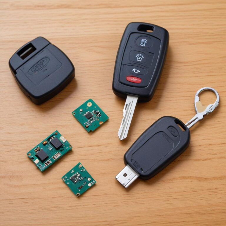 Internal components of a Ford key fob during battery replacement